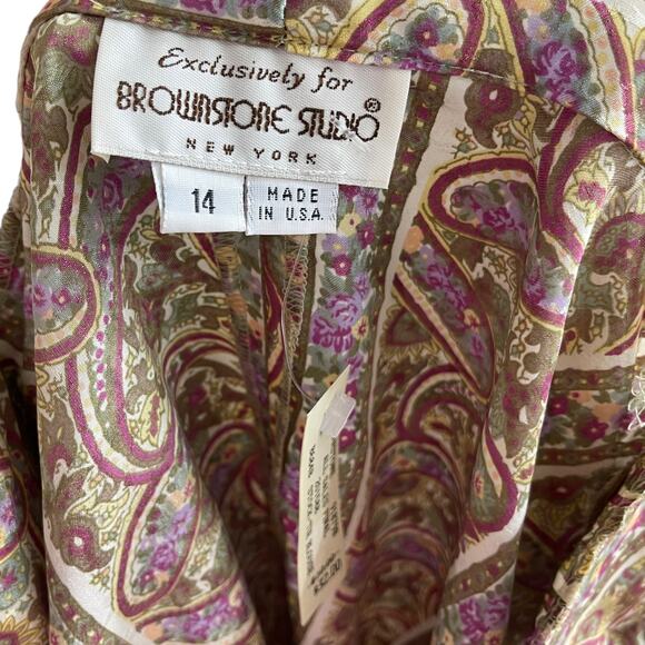 90s BROWNSTONE STUDIO Vintage Green Purple Paisley Bow Neck Blouse - Picture 5 of 12